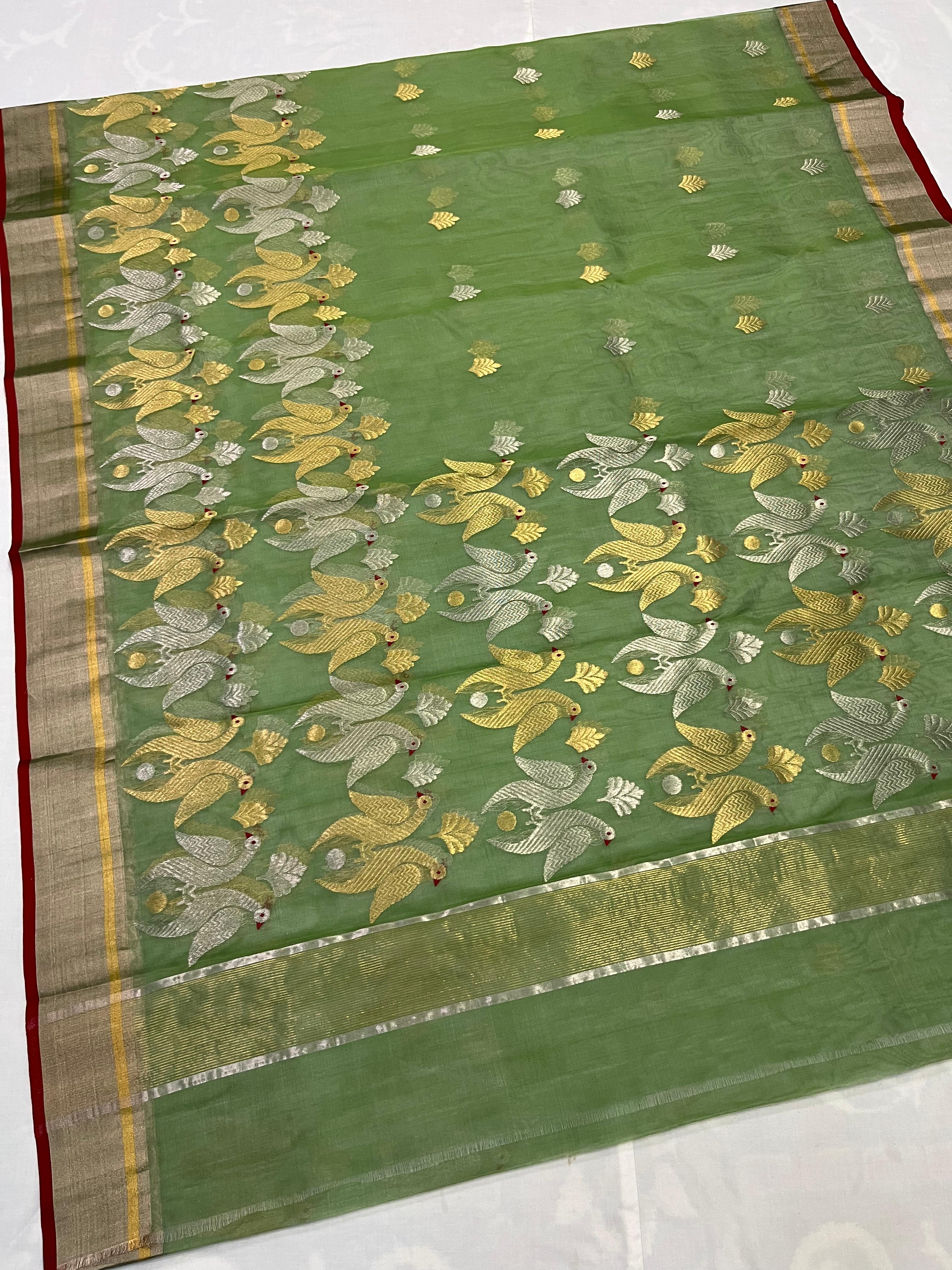 Green color with Peacock design and golden border Chanderi Saree
