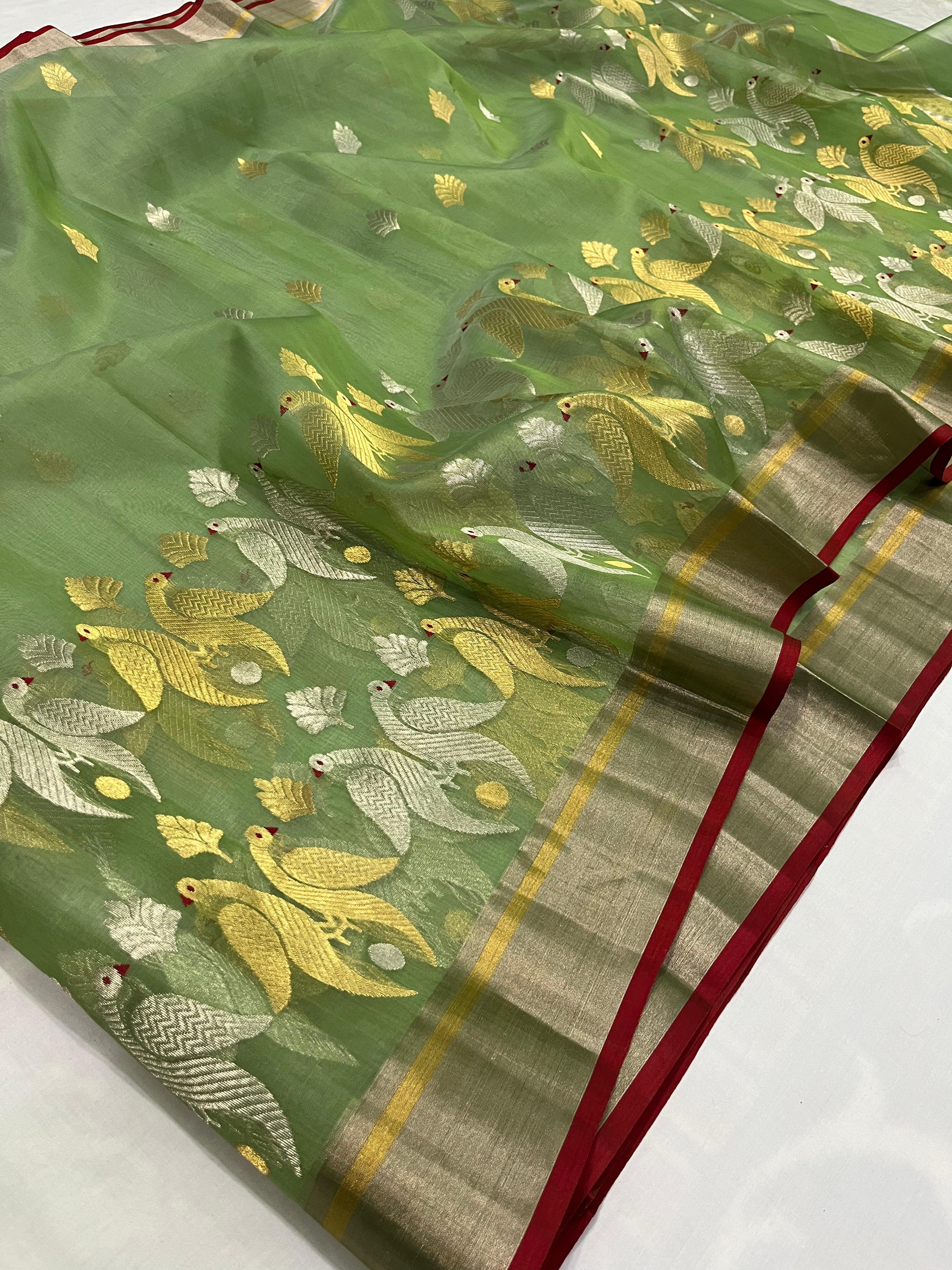 Green color with Peacock design and golden border Chanderi Saree
